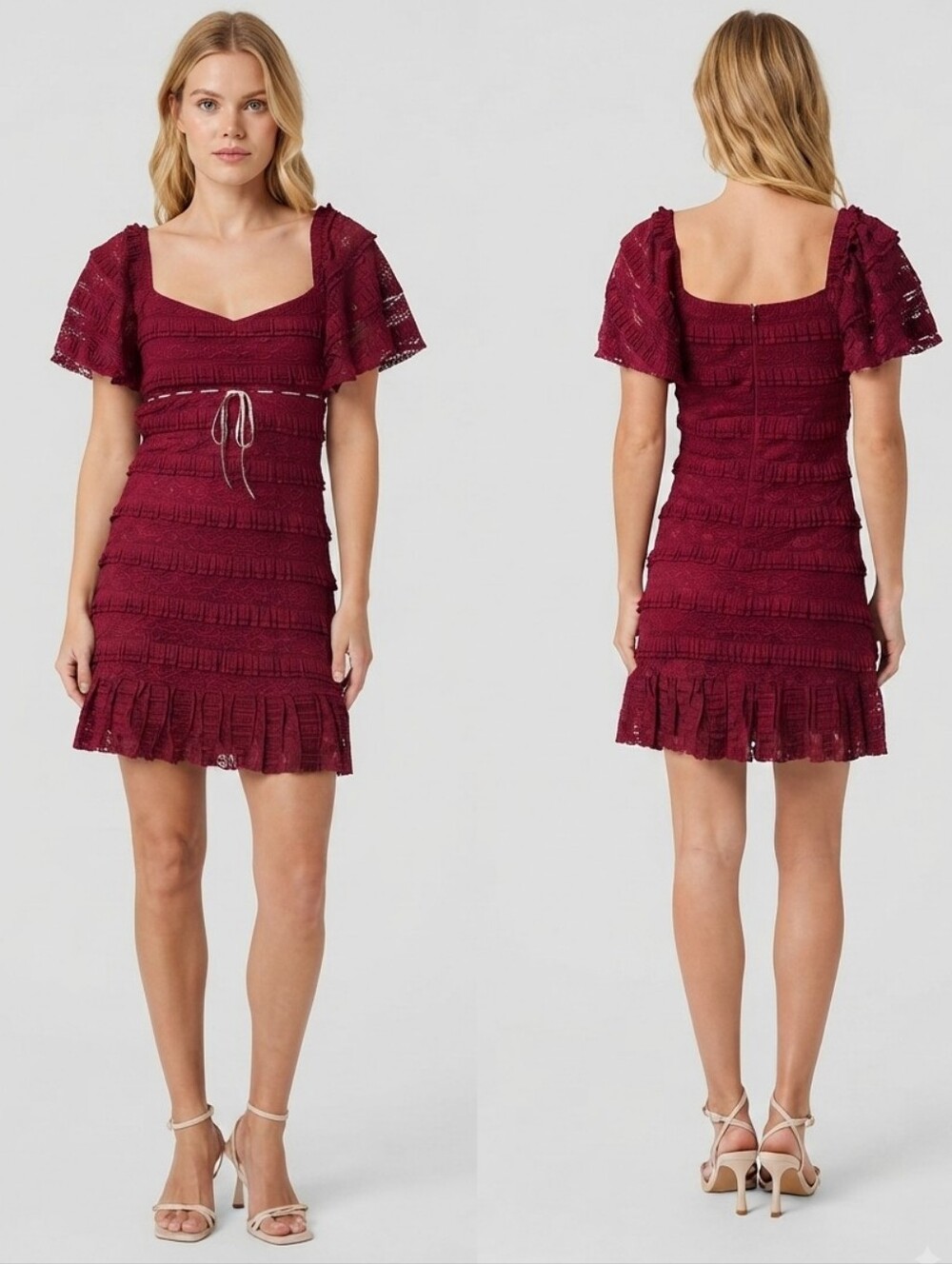 ALL IN FAVOR NEW Lace Ruffles Flutter Sleeve M Red Mini Dress Ribbon Boho Whimsy